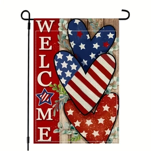 Detailed view of patriotic Welcome garden flag with American flag heart patterns and stand
