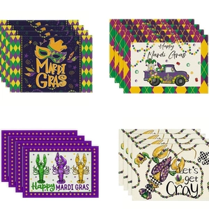 Mardi Gras Placemats Linen Cotton Heat Resistant Washable Carnival Table Decor Digital Printed Retro Truck Fleur De Lis