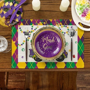 Mardi Gras table placemat and plate set with purple truck and diamond pattern design
