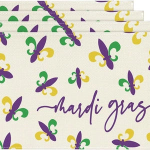 Set of four Mardi Gras placemats with fleur-de-lis digital print and heat insulation