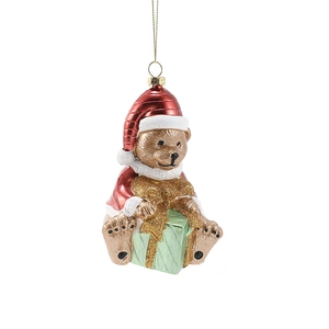 Brown Christmas bear pendant with red hat and green gift box on a white background