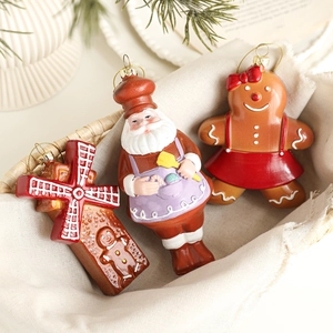 Three-piece festive gingerbread man and Santa hanging ornaments for Christmas tree decor