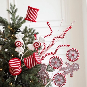 Christmas Tree Picks Candy Cane Sprays Gingerbread Man Foam Fabric Decorative Sticks Red White Glitter Holiday Party Garland Ornaments