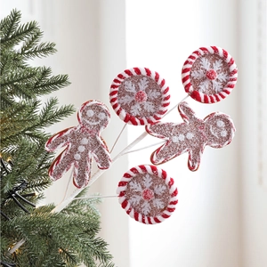 Christmas tree pick featuring gingerbread men and red-white candy canes decorations