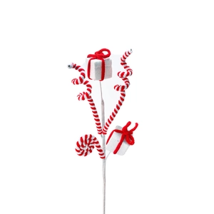 Christmas plush candy cane pick with red striped spirals and white gift box bows