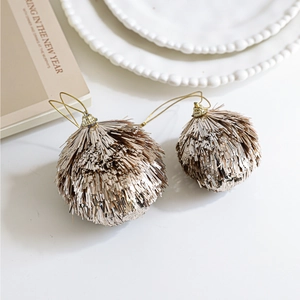 Set of two champagne gold glitter Christmas ball ornaments with elegant hanging strings
