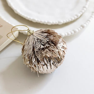 Champagne gold glitter fringe Christmas ball ornament with metallic fibers and gold cap