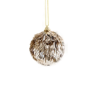 Champagne gold tinsel Christmas ball ornament with sparkling fringe for holiday tree decoration