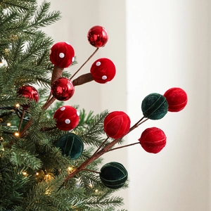 Christmas plush candy spray with red flocked polka dot balls for holiday tree decoration