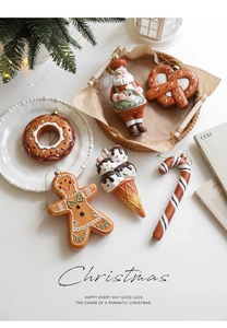 Set of 6 Christmas resin ornaments featuring Santa, gingerbread man and sweets with gold cords