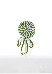 Detailed plush candy cane ornament with green and white swirls and a festive bow tie