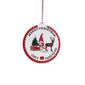 Round wooden Christmas countdown hanging sign with Santa gnome and reindeer illustration