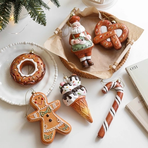 Set of 6 gingerbread man and dessert Christmas tree ornaments with festive decorations