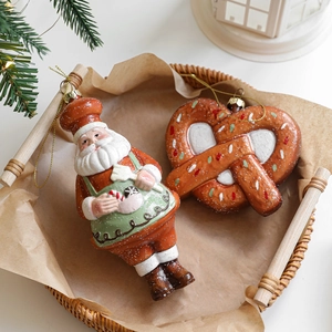 Christmas Santa chef and pretzel ornaments set with gold strings for holiday tree decor