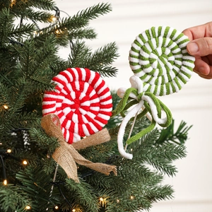 Christmas Lollipop Ornaments Plush Knit Spiral Candy Picks With Burlap Bow Xmas Tree Festive Decoration