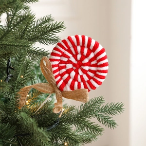 Christmas tree pick with plush red and white spiral candy cane lollipop and burlap bow