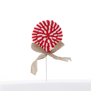 Christmas foam candy lollipop ornament with red and white plush texture and burlap bow