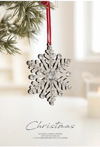 Exquisite snowflake Christmas tree ornament with sparkly rhinestones and red hanging ribbon