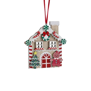 Red wooden gingerbread house Christmas tree ornament with festive painted details and rope
