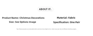 Detail showing plush Christmas boot ornaments material specifications and sizing info