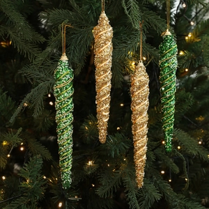 Glitter Christmas Icicle Ornaments Spiral Hanging Decorations For Christmas Tree Festive Holiday Party Green And Gold