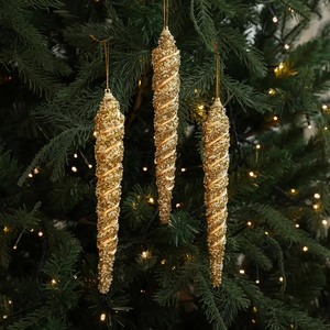 Three pieces of golden spiral icicle Christmas tree ornaments with glitter finish