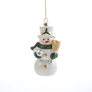 Décoration de sapin de Noël bonhomme de neige pailleté avec écharpe verte et balai doré