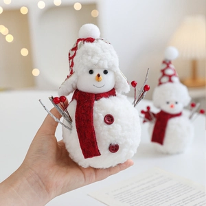 Christmas Snowman Plush Foam Tabletop Ornament Cute White Red Knitted Hat Scarf Doll For Home Office Holiday Party Window Decor