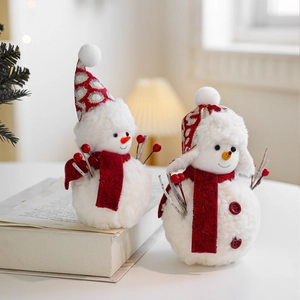 Pair of plush Christmas snowmen figurines with red scarves and hats for table decoration