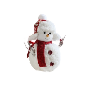 Adorable plush snowman figurine with red scarf and twig arms for Christmas decor
