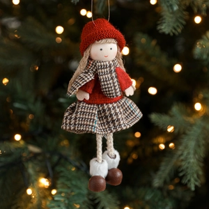 Handmade Christmas plush girl doll hanging ornament with red hat and checkered skirt