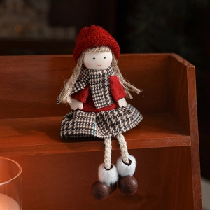 Charming plush doll girl ornament with red knit hat and houndstooth scarf for Christmas deco