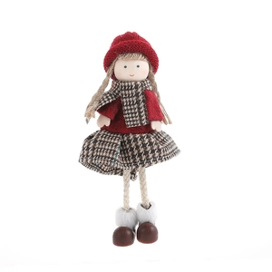 Cute plush Christmas girl doll with red knitted hat and plaid scarf hanging decoration