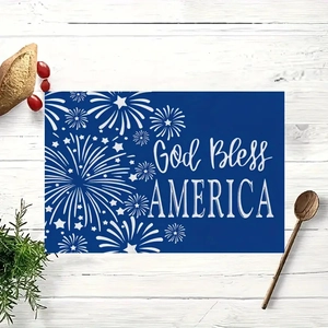 Set de table bleu festif avec texte God Bless America et motif feu d'artifice blanc