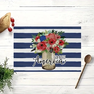 Plat de set de table du 4 juillet avec roses rouges et drapeau américain sur bois