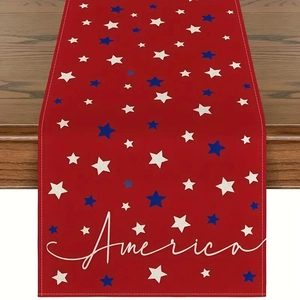 Linen table runner with red stars pattern and America script for Independence Day decor