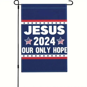 Double-sided Jesus 2024 garden flag with American flag elements on a black metal stand