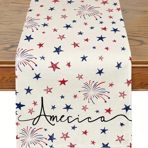 Detail of linen table runner with red and blue stars, fireworks, and America text