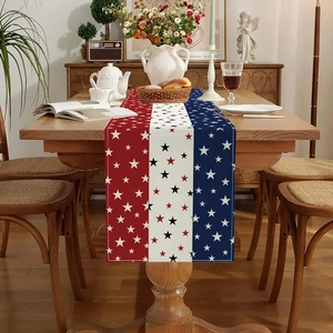 Detail of linen table runner with red white blue stars for Independence Day decor