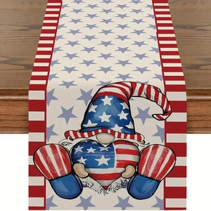 Detailed close-up of Independence Day linen table runner with patriotic gnome on wood