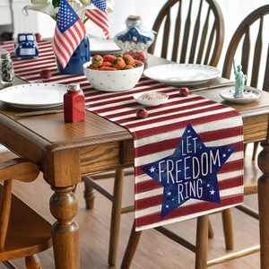 Detail of Independence Day table runner with Let Freedom Ring print and red white stripes
