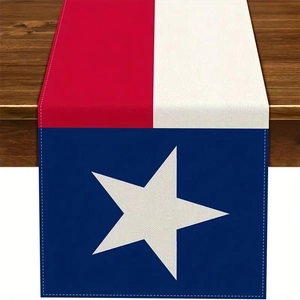Detail view of Texas flag linen table runner with stitched edges and woven texture