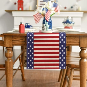 Detail of linen USA Independence Day table runner with red white blue patriotic star stripes