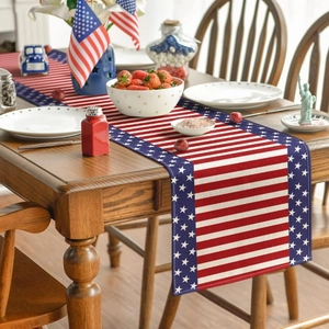 Detailed view of Fourth of July linen table runner with American flag stars and stripes pattern