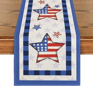 Close-up of linen USA flag table runner with blue checkered edges and patriotic stars