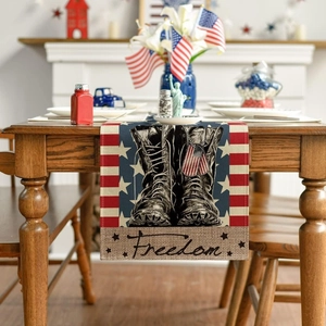 Linen table runner detail featuring military boots and freedom print for USA National Day