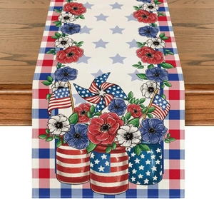Close-up of linen table runner with American flag floral print and checkered edges