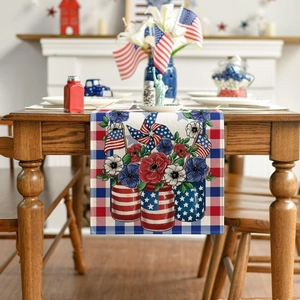 Patriotic USA Independence Day linen table runner with red white blue floral prints