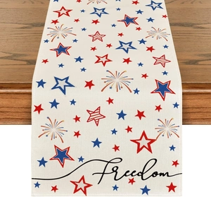 Detailed texture of linen table runner with Freedom text and patriotic star patterns