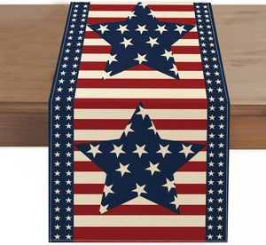 Detail view of linen table runner with American flag stripes and rustic star print